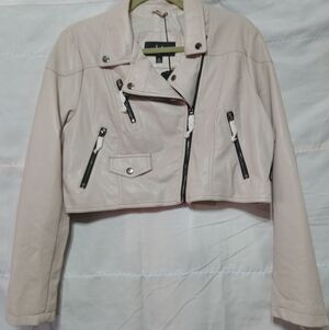 Women's Cream Vegan Leather Jacket with Black Accents